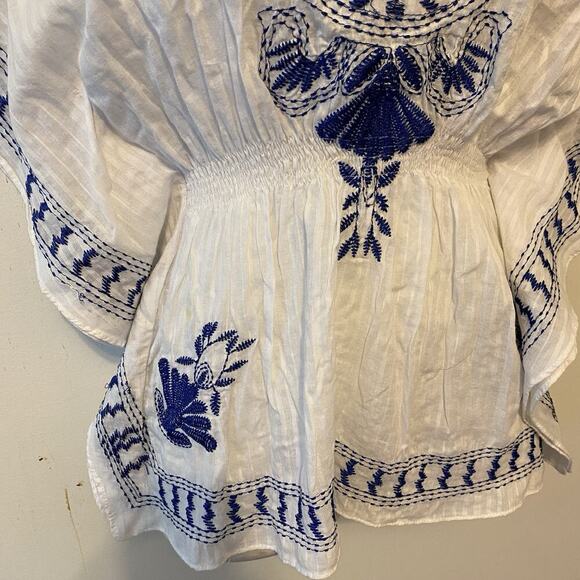 Y2K Uno Core Kimono Top Blouse White Blue Embroidered Coastal Beach Boho Women S - Picture 6 of 8